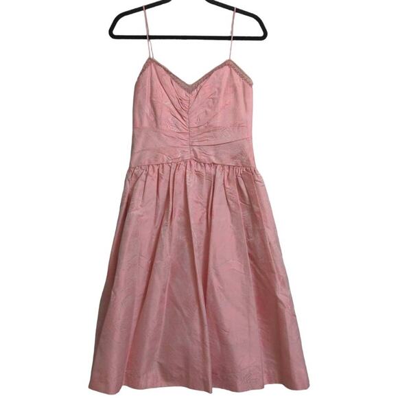 Badgley Mischka Womens Fit & Flare Dress Pink Ruched Midi Spaghetti Strap Silk 6 - Picture 1 of 14